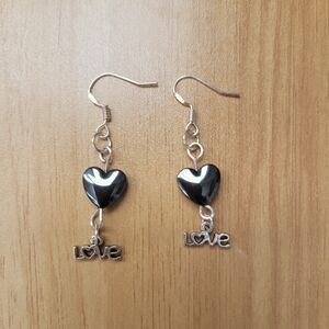 Hematite and Silver Heart Love Earrings